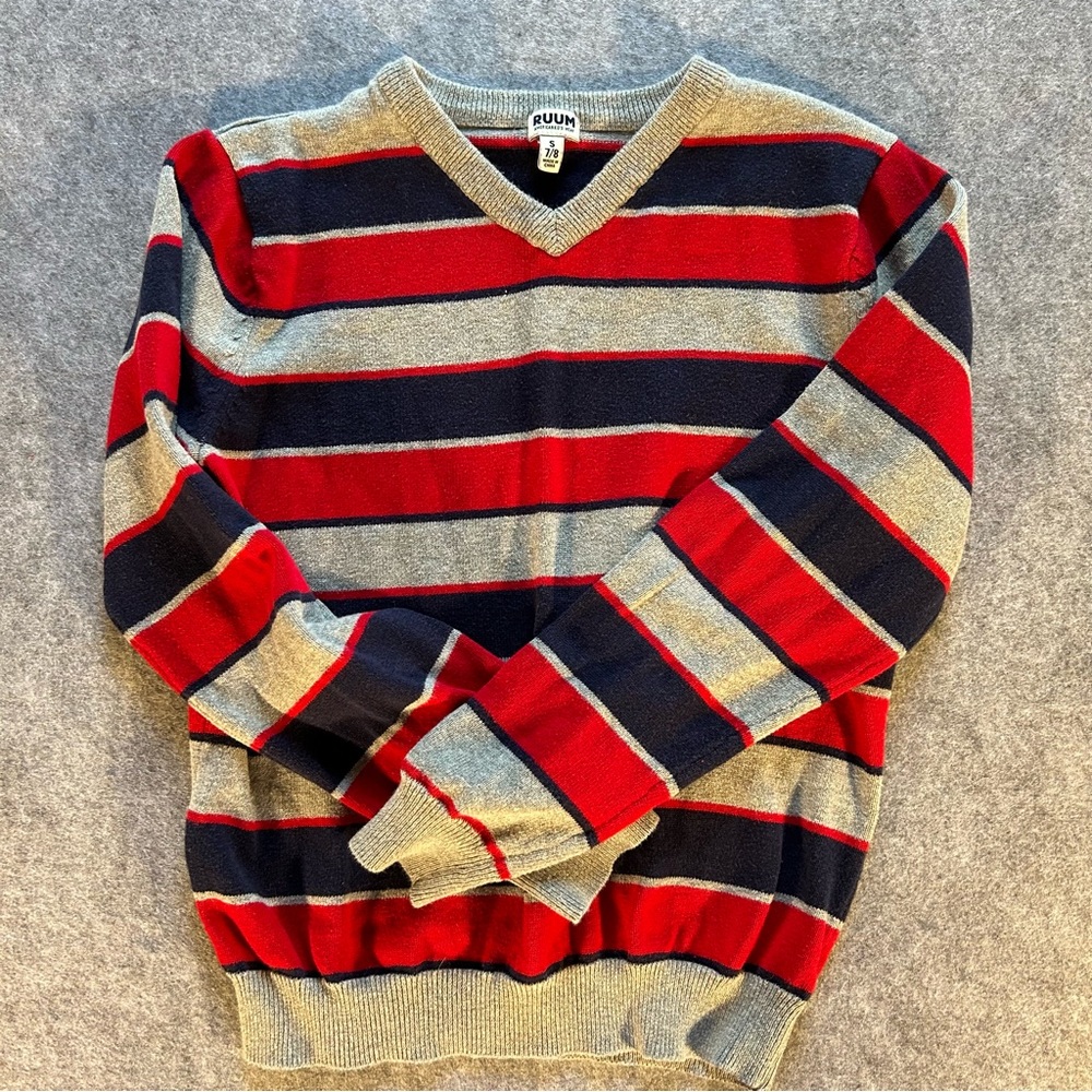 Boy’s sweater, size S 7-8, by RUMM, blue, red, grey, Americana